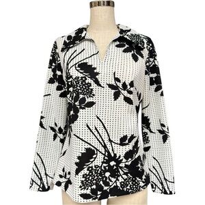 Vintage Sears 70s Black White Floral Polka Dot Dagger Collar Blouse, Disco Style